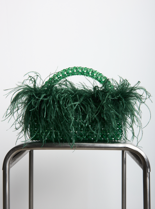 FEATHER TOP HANDLE in dark green beaded crystals