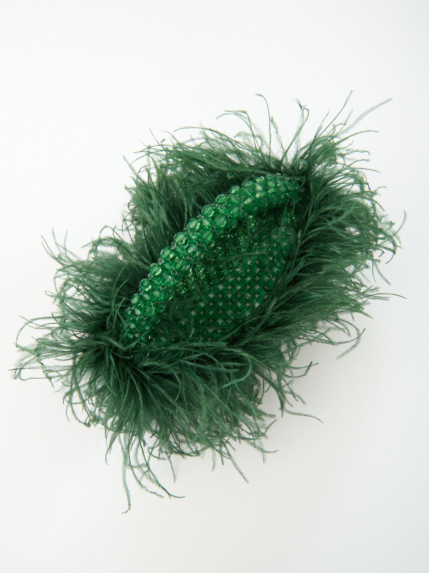 FEATHER TOP HANDLE in dark green beaded crystals